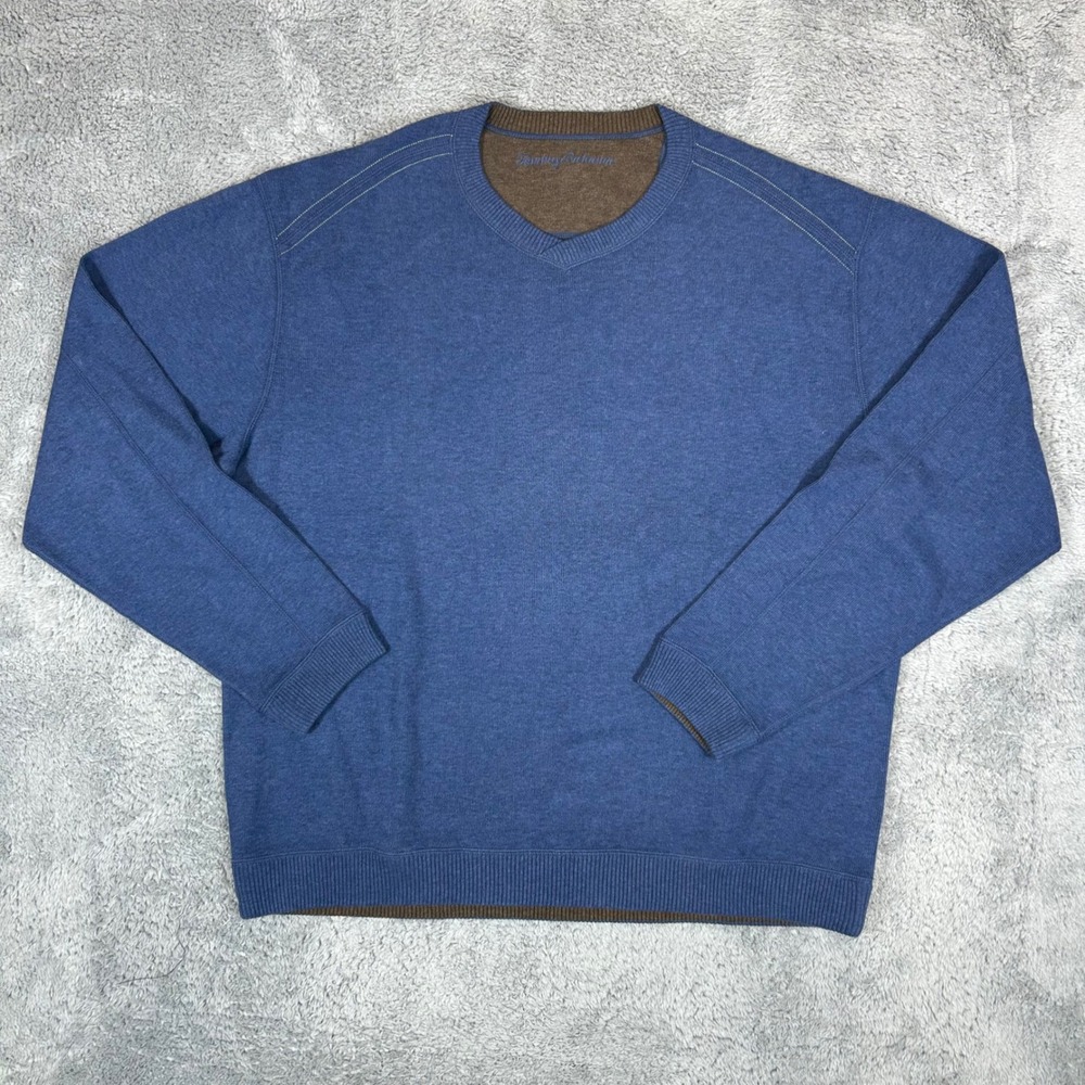 Tommy Bahama Mens Blue V-Neck Cotton Knit Long Sleeve Sweater Marlin Logo